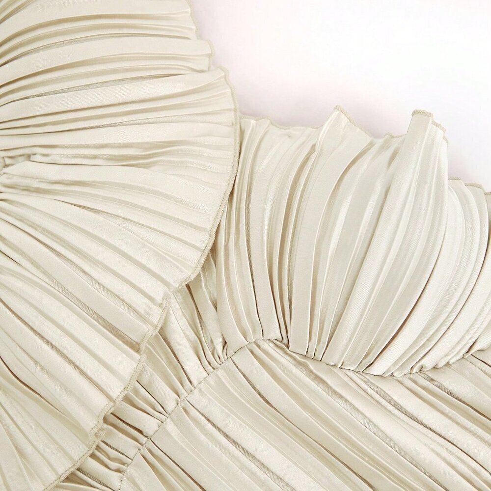 Beige Party Women's Pleated Satin Tube Going Out Top - Picture 5 of 8